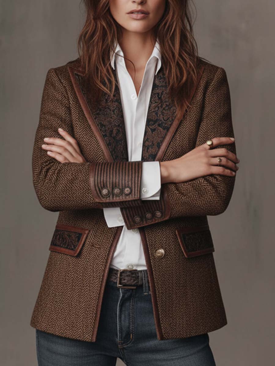 Genevieve | Herringbone Paisley Lapel Tailored Blazer