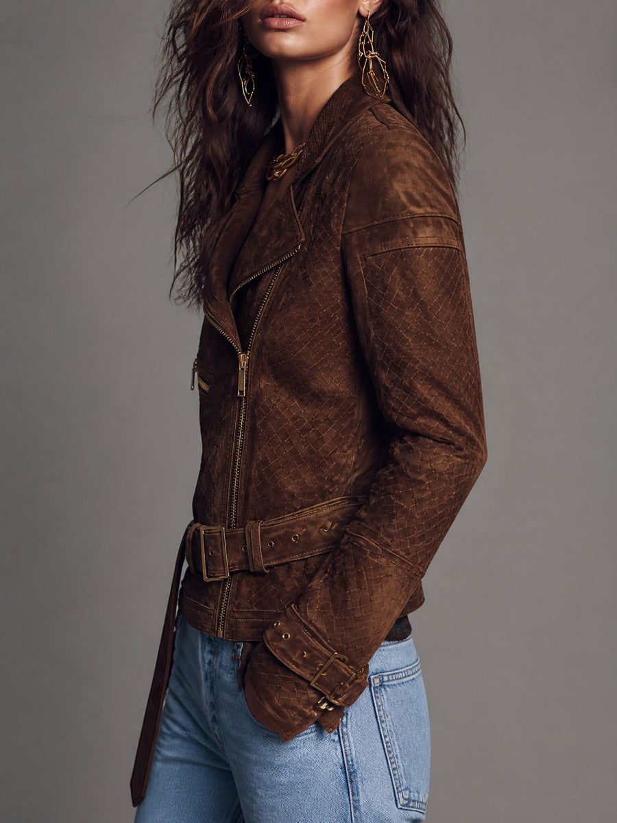 Alessia | Textured Belted Biker Jacket