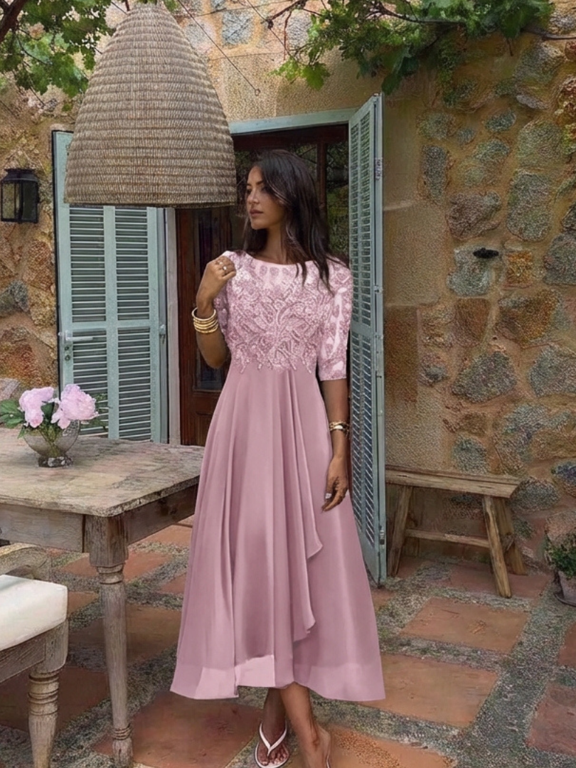 Aria | Lace Bodice Three Quarter Sleeve Midi Dress
