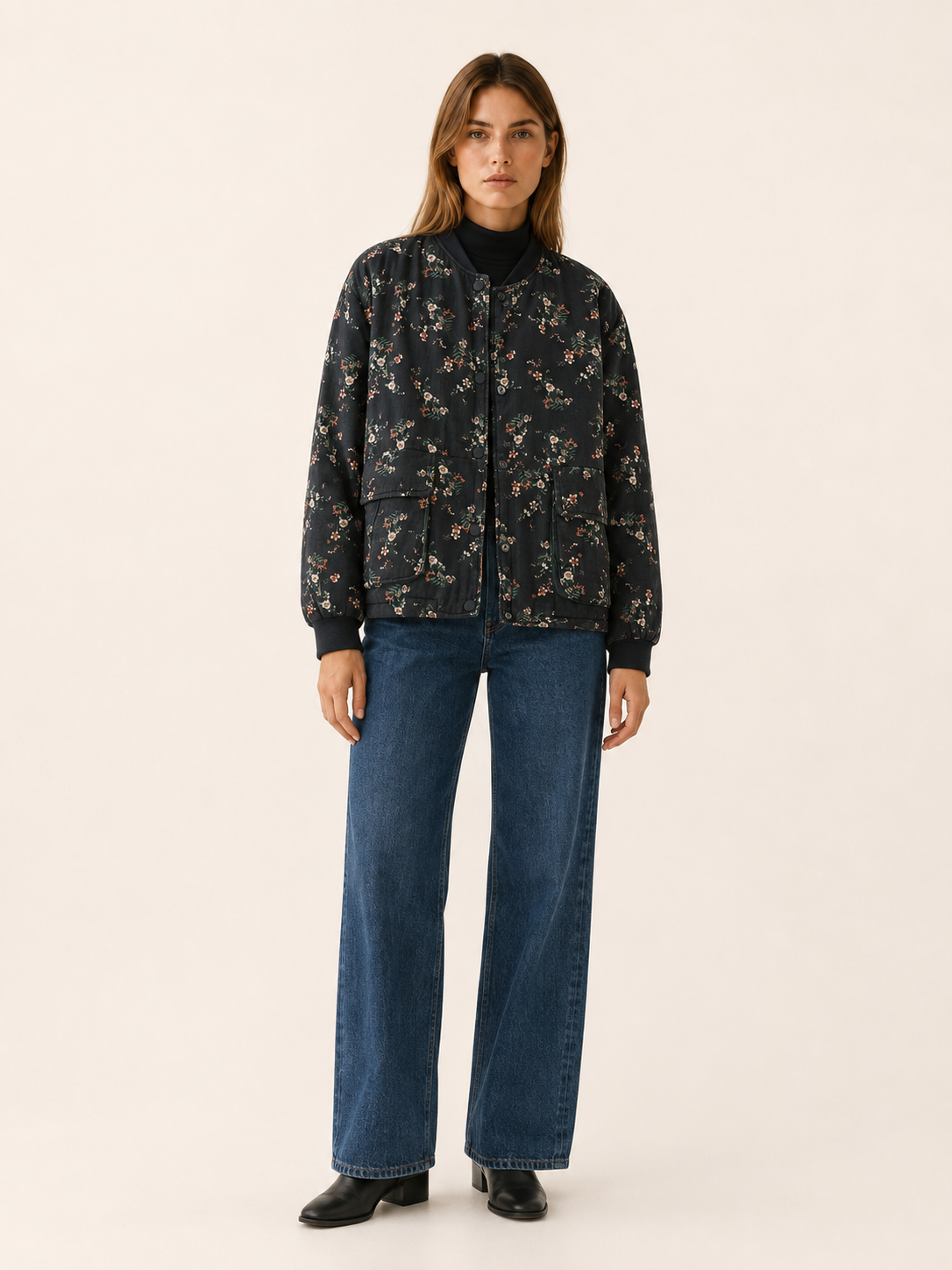 Cecilia | Floral Button Up Pocket Bomber Jacket
