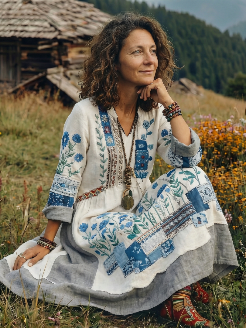 Coletta | Embroidered Panel Long Sleeve Midi Dress