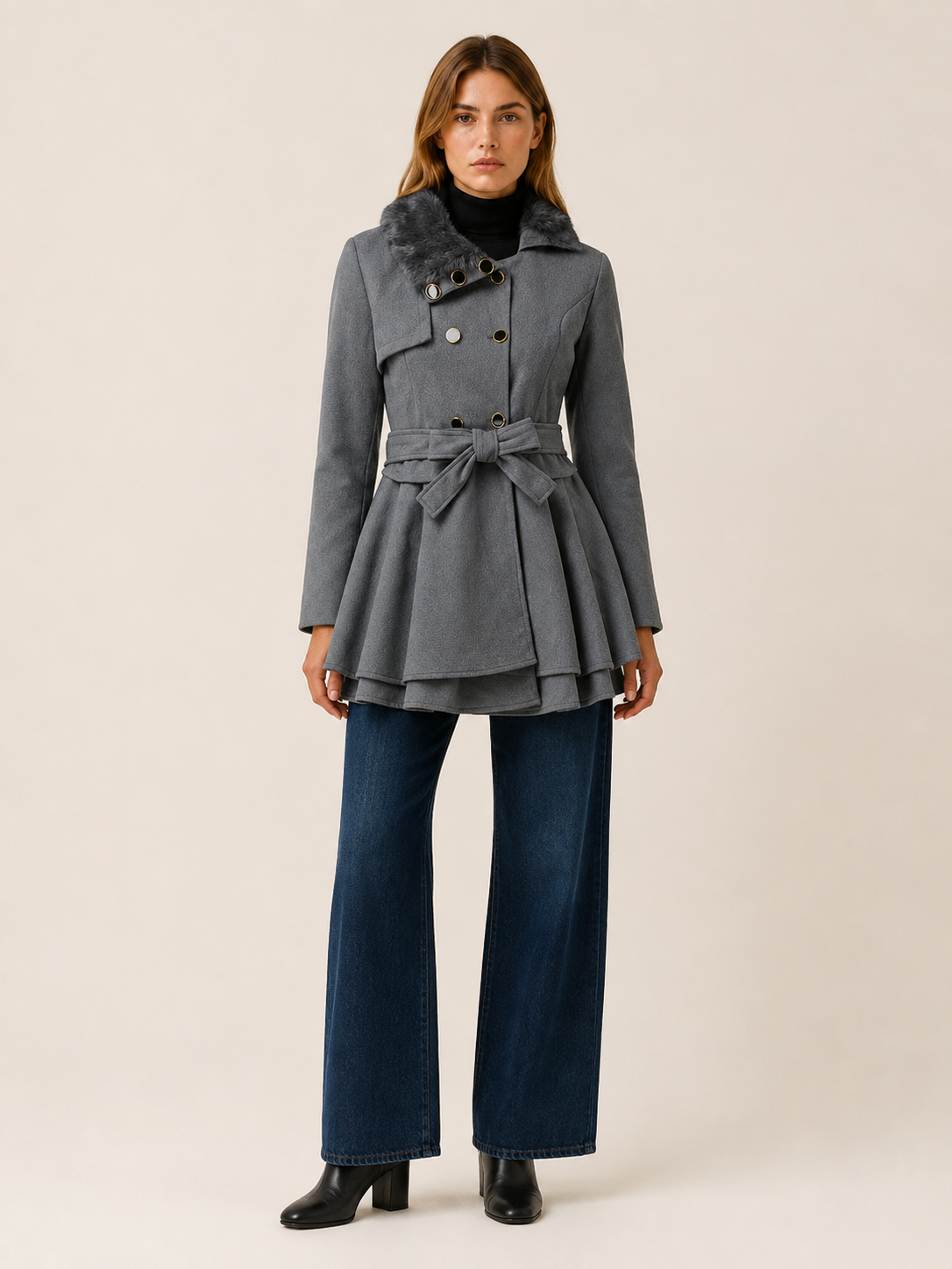 Cybele | Faux Fur Collar Double Breasted Flared Trench Coat