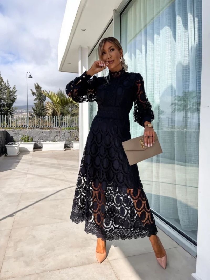 Elise Lace Puff Sleeve Hign Neck Midi Dress