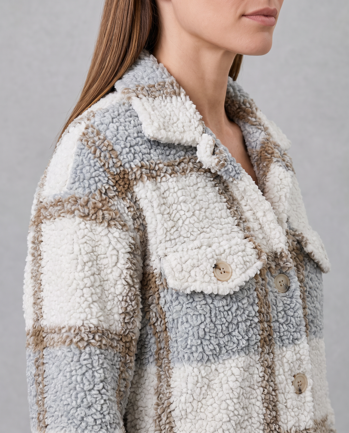 Amelia | Oversized Plaid Teddy Sherpa Longline Jacket
