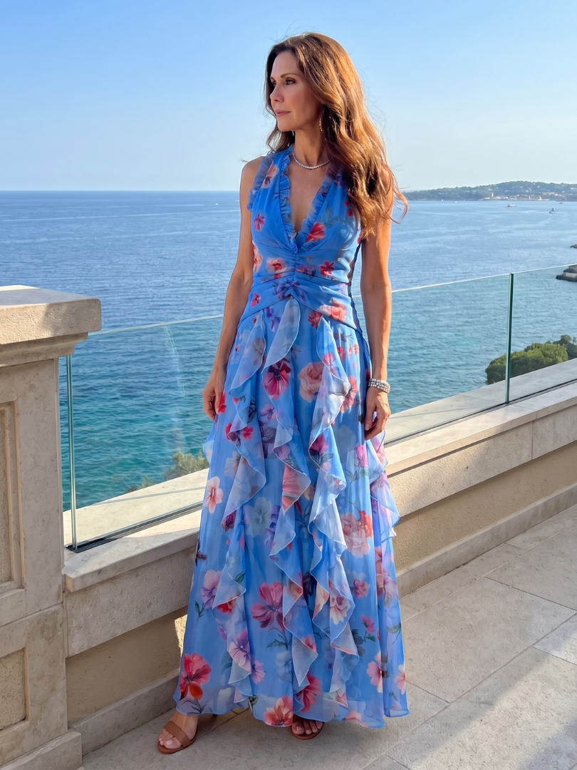 Nicole | Halter Neck Ruched Bodice Floral Maxi Dress