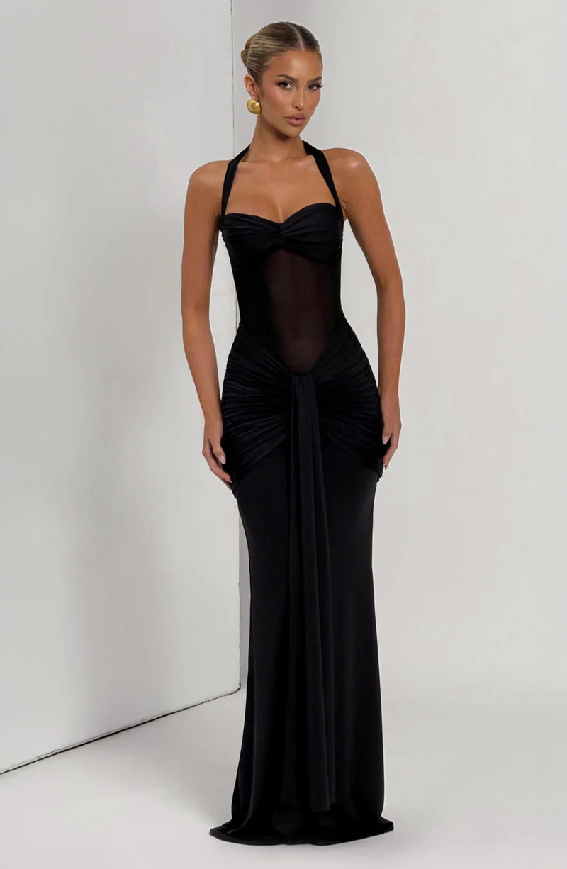 Riley Mesh Halter Ruched Maxi Dress