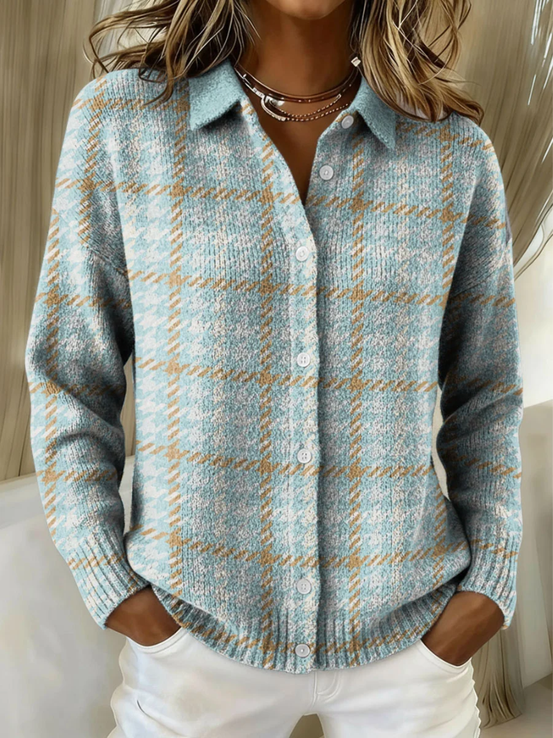 Clara | Sky Blue Plaid Button Knit Cardigan