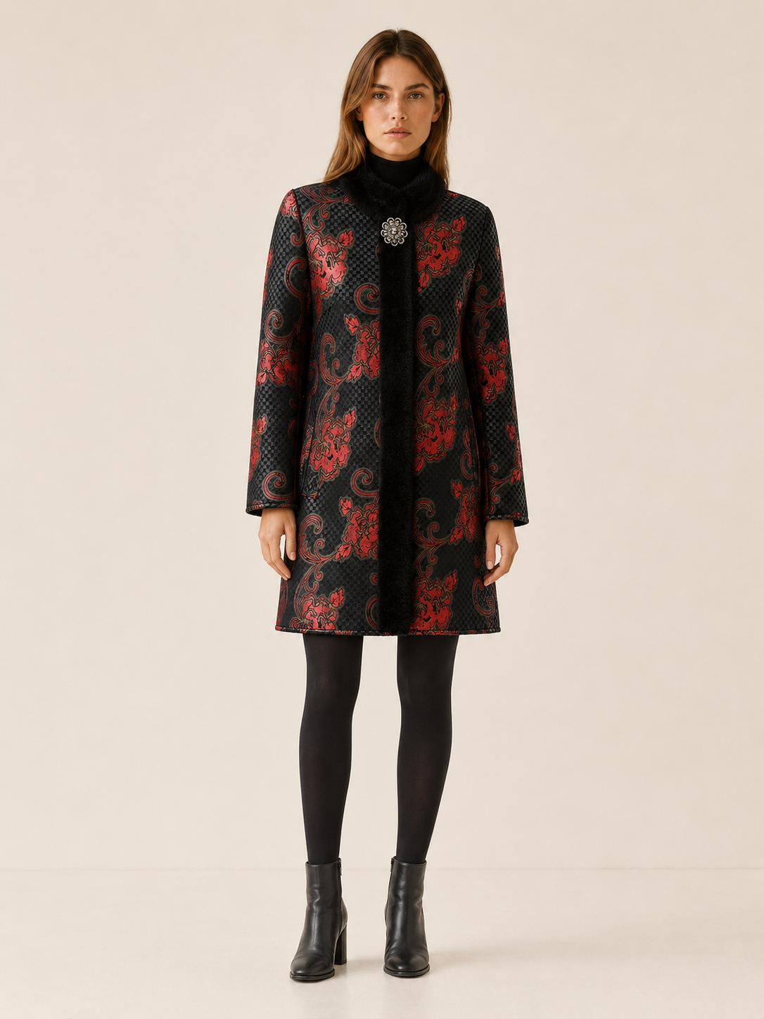 Arabella | Print Faux Fur Trim Longline Coat
