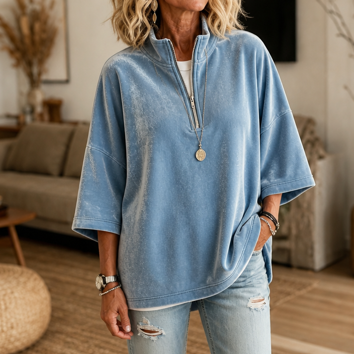 Ella | Half Zip Funnel Neck Velour Pullover