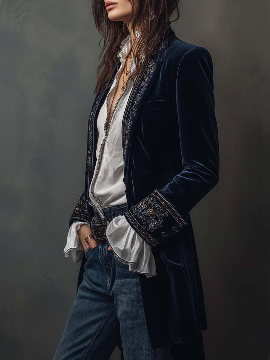 Seraphina | Embroidered Velvet Tailored Longline Jacket