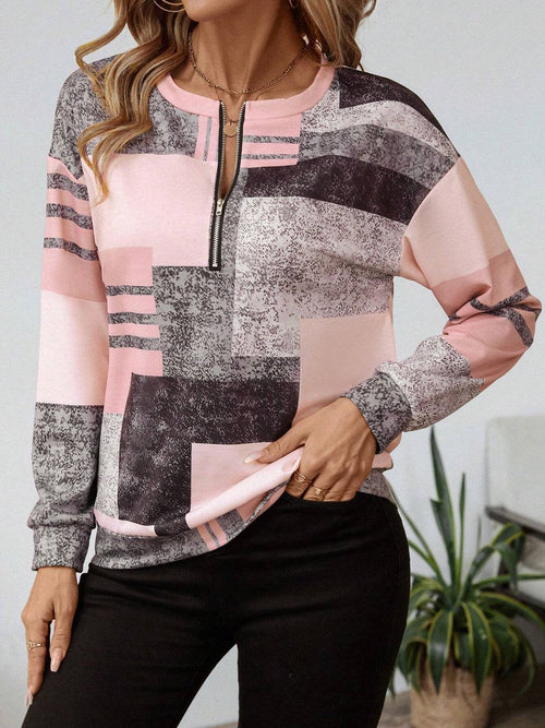 Sudadera Oona con estampado patchwork color block y cremallera de un cuarto