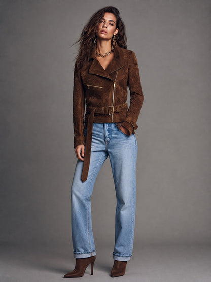 Alessia | Textured Belted Biker Jacket