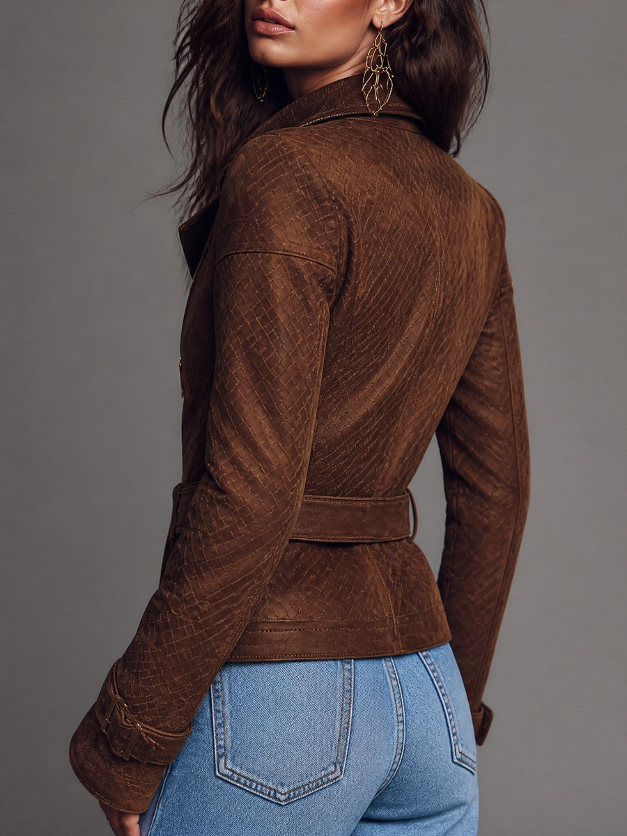 Alessia | Textured Belted Biker Jacket