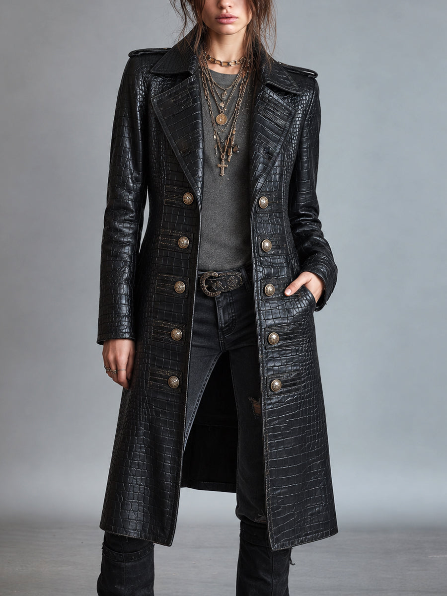 Valerisse | Croc-Embossed Longline Leather Coat