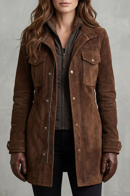 Sabrina | Suede Zip Front Utility Button Jacket