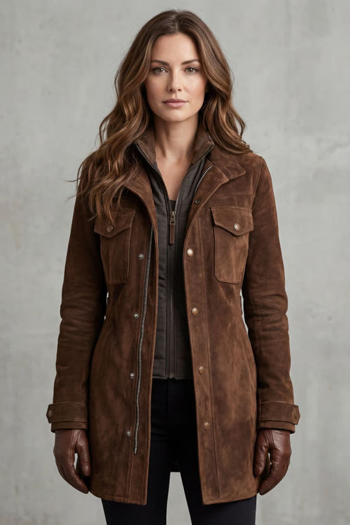 Sabrina | Suede Zip Front Utility Button Jacket