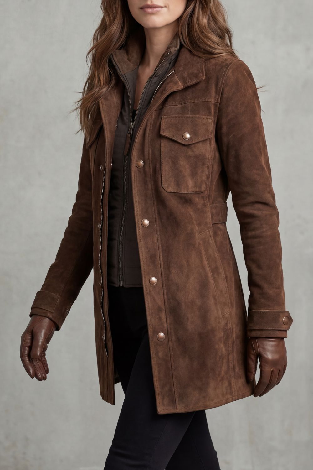 Sabrina | Suede Zip Front Utility Button Jacket