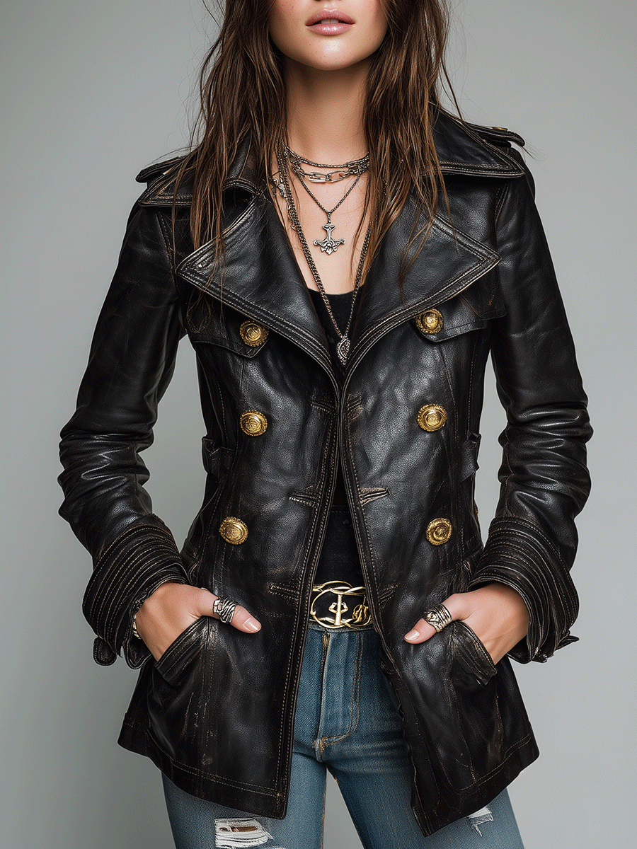 Valentina | Double Breasted Leather Military Jacket