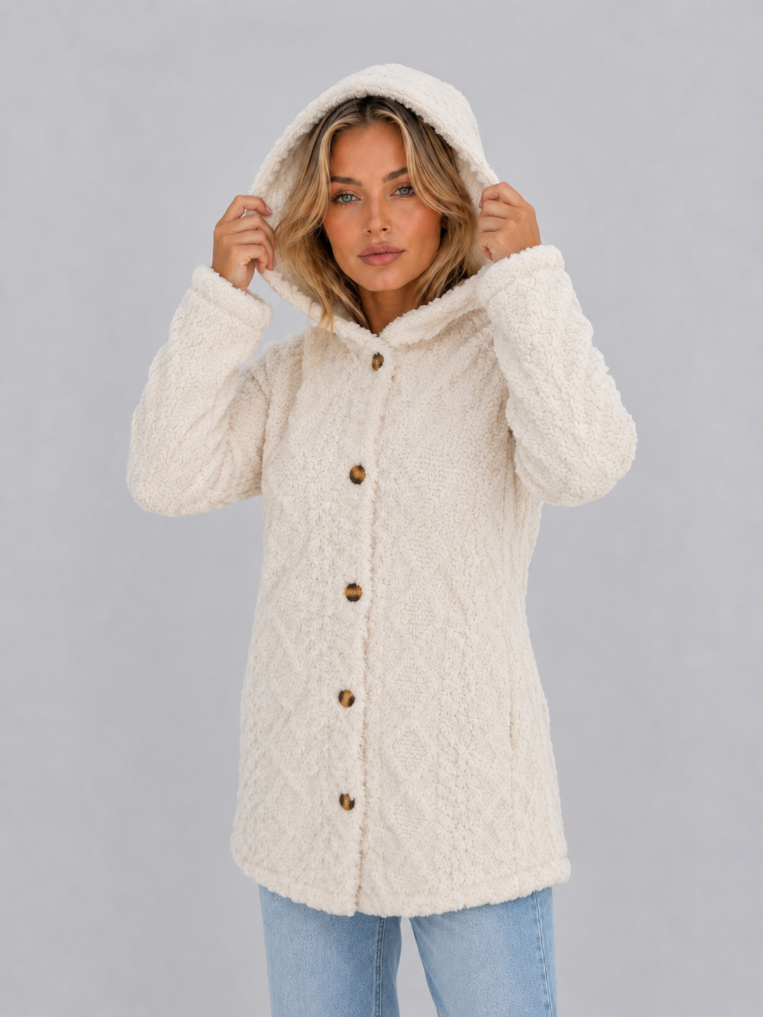 Ada | Cárdigan de forro polar tipo teddy con capucha y botones