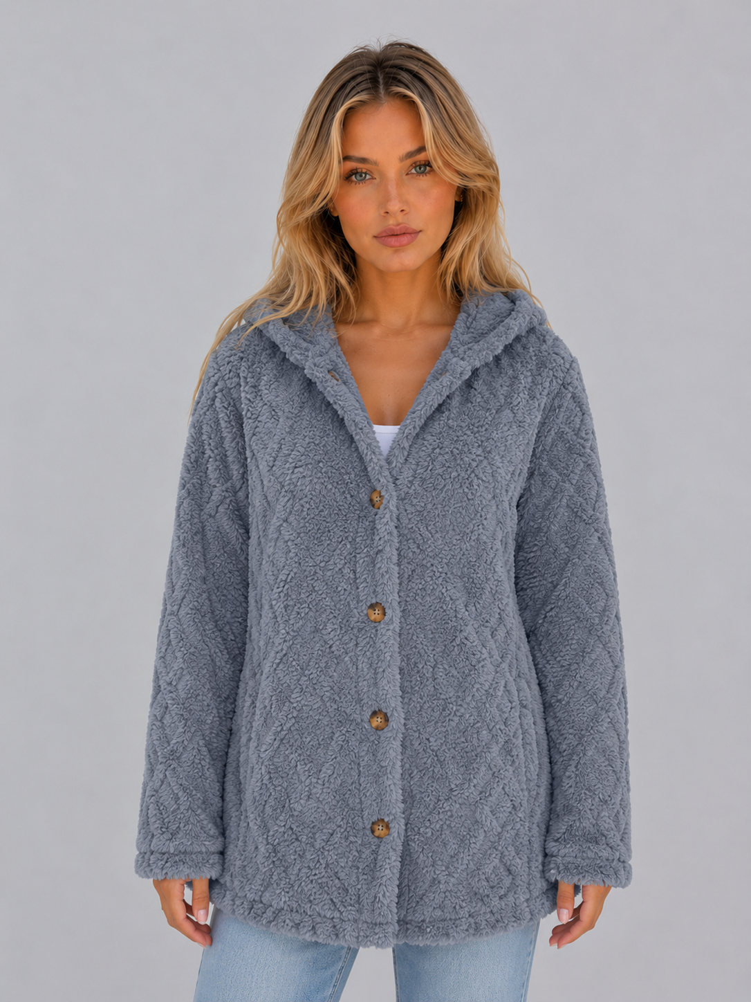 Ada | Cárdigan de forro polar tipo teddy con capucha y botones