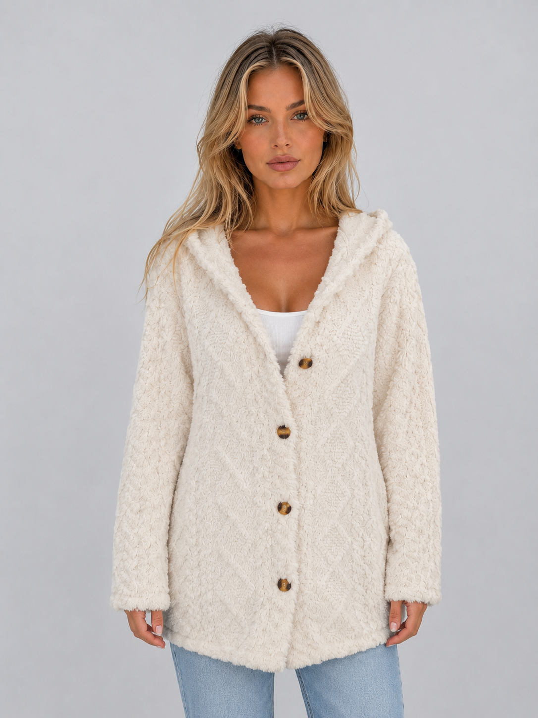 Ada | Cárdigan de forro polar tipo teddy con capucha y botones
