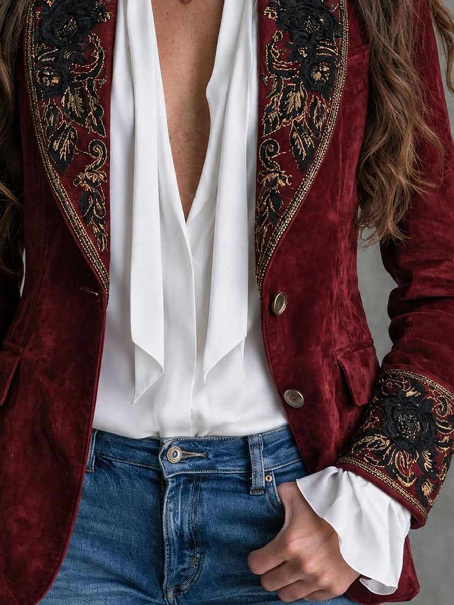 Adelaide | Blazer de microsuede con bordado floral
