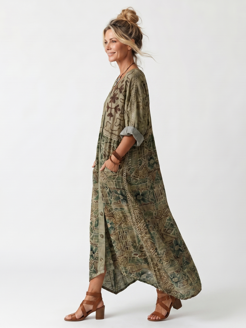 Amelia | Button Front Embroidered Oversized Pocket Midi Dress
