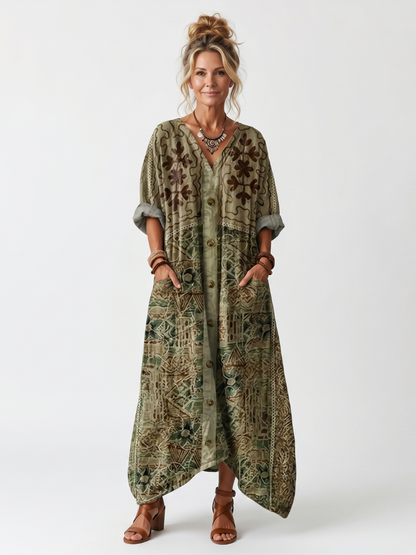 Amelia | Button Front Embroidered Oversized Pocket Midi Dress