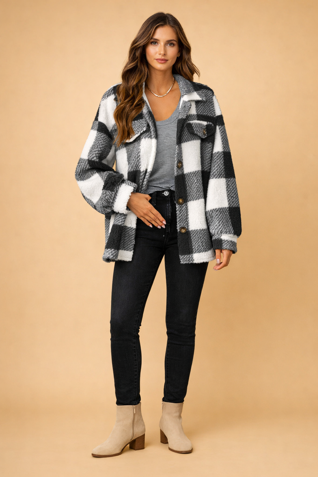 Amelia | Oversized Plaid Teddy Fleece Shirt Jacket