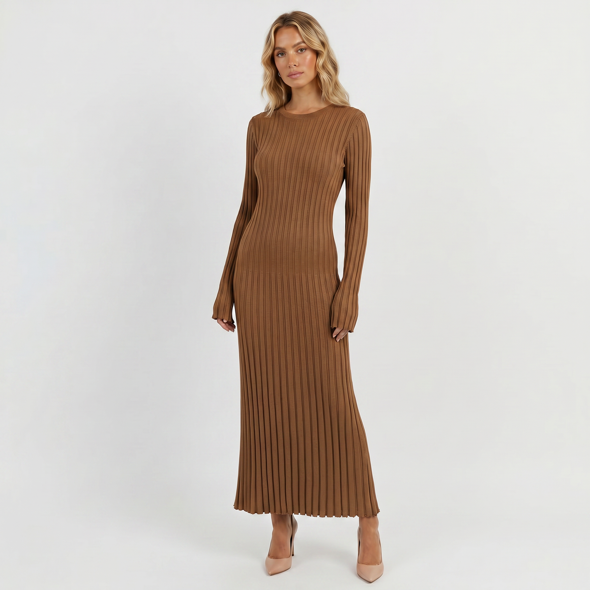 Amelia | Ribbed Knit Long Sleeve Maxi Dress