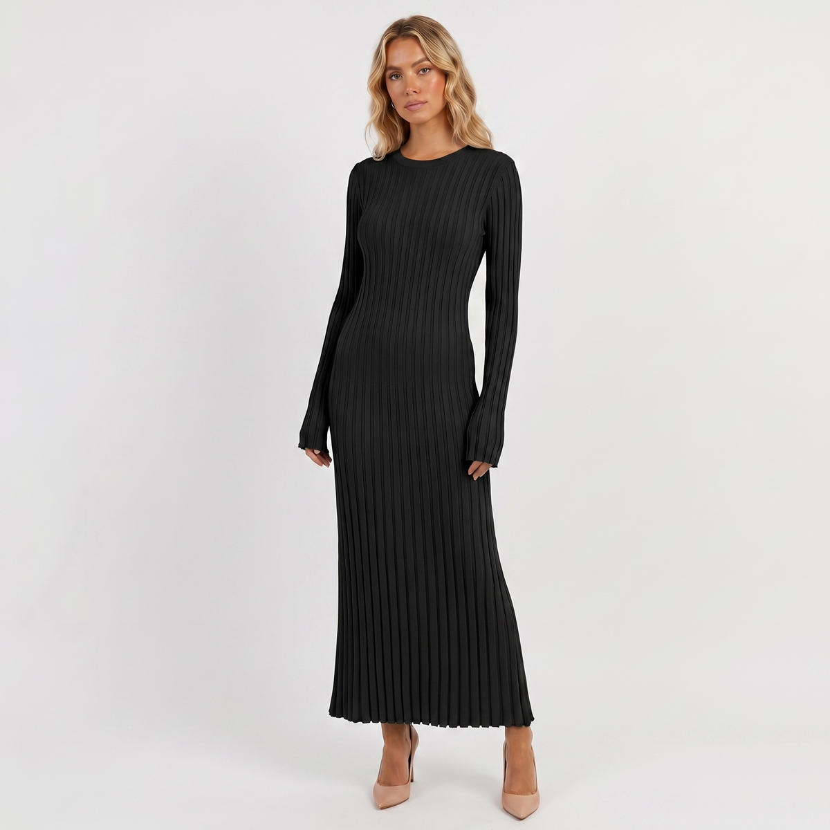 Amelia | Ribbed Knit Long Sleeve Maxi Dress
