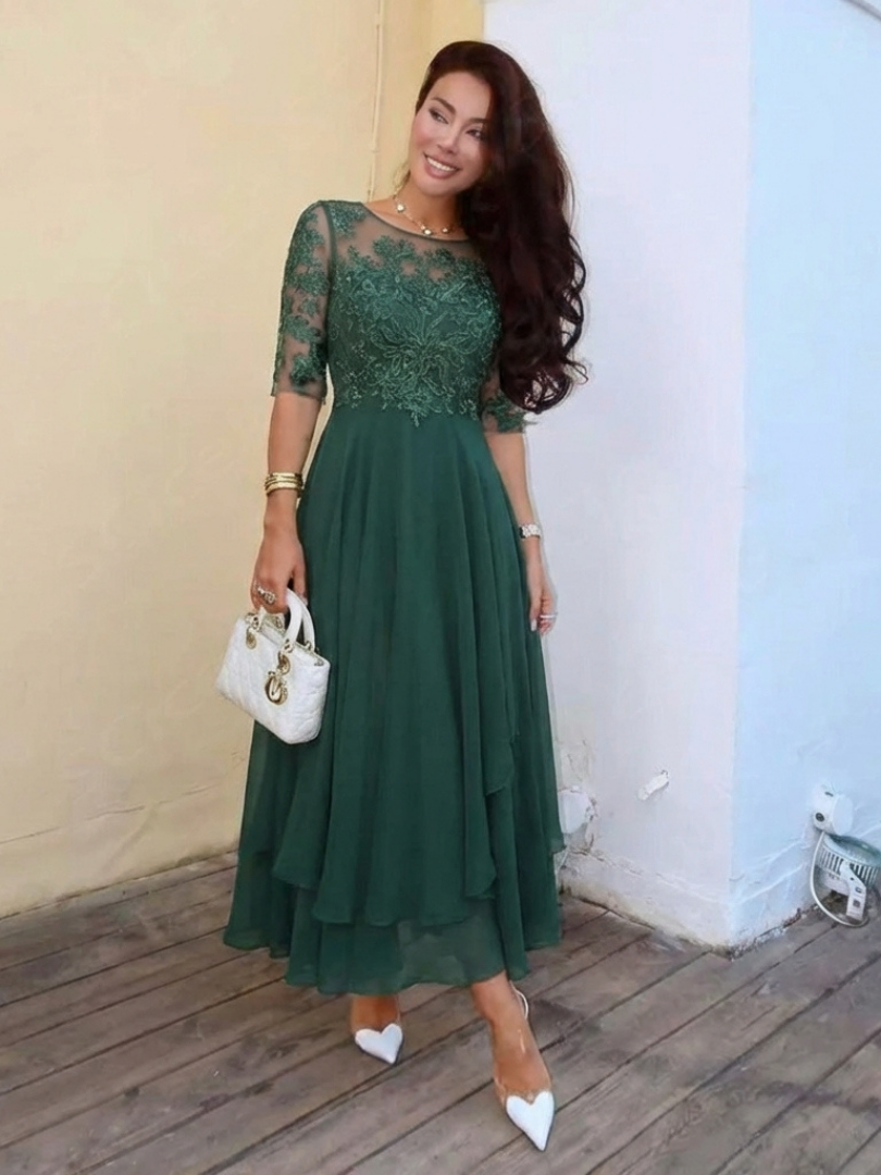 Aria | Lace Bodice Three Quarter Sleeve Midi Dress