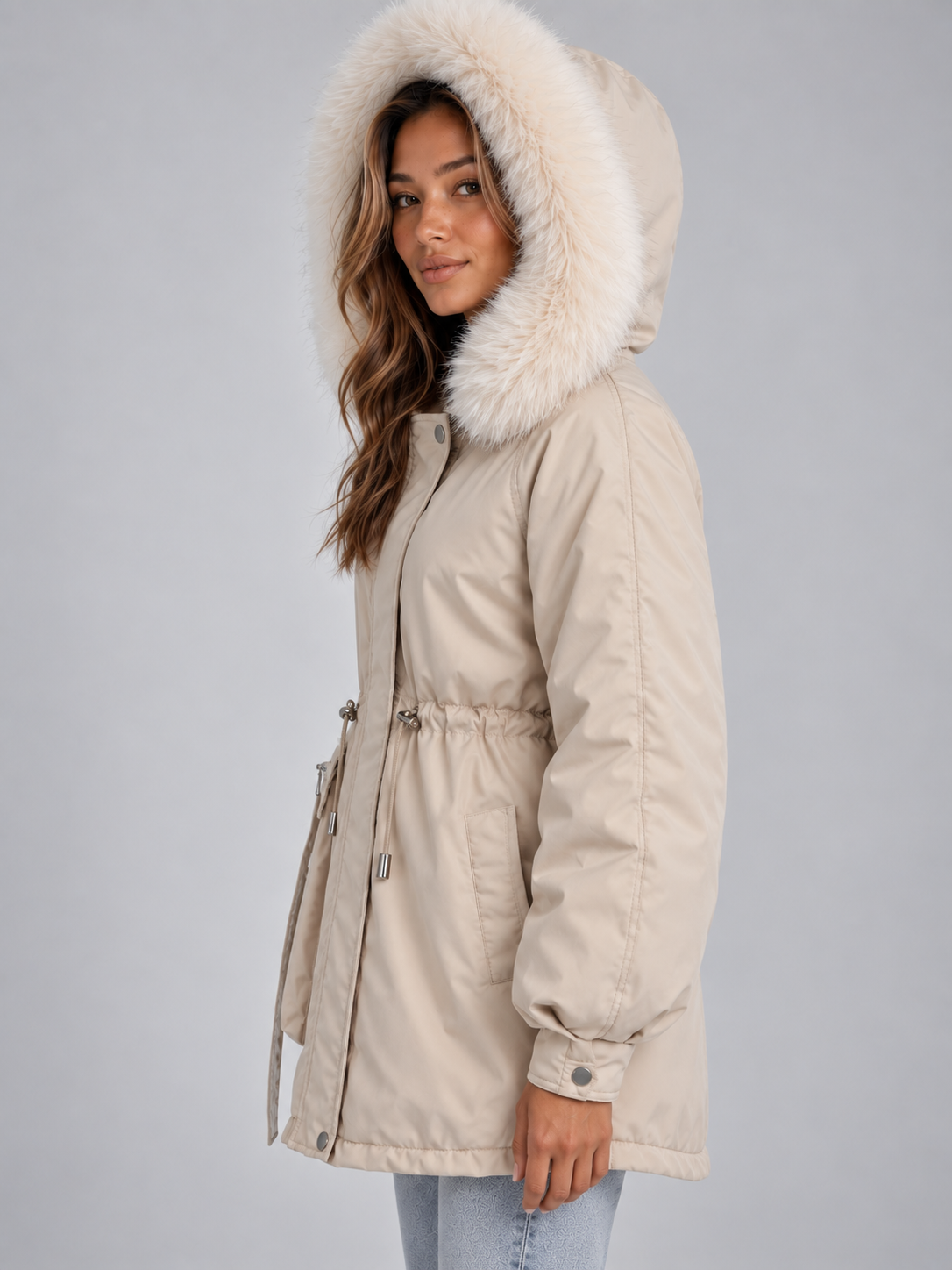 Astrid | Parka à capuche, cordon de serrage et col en fausse fourrure