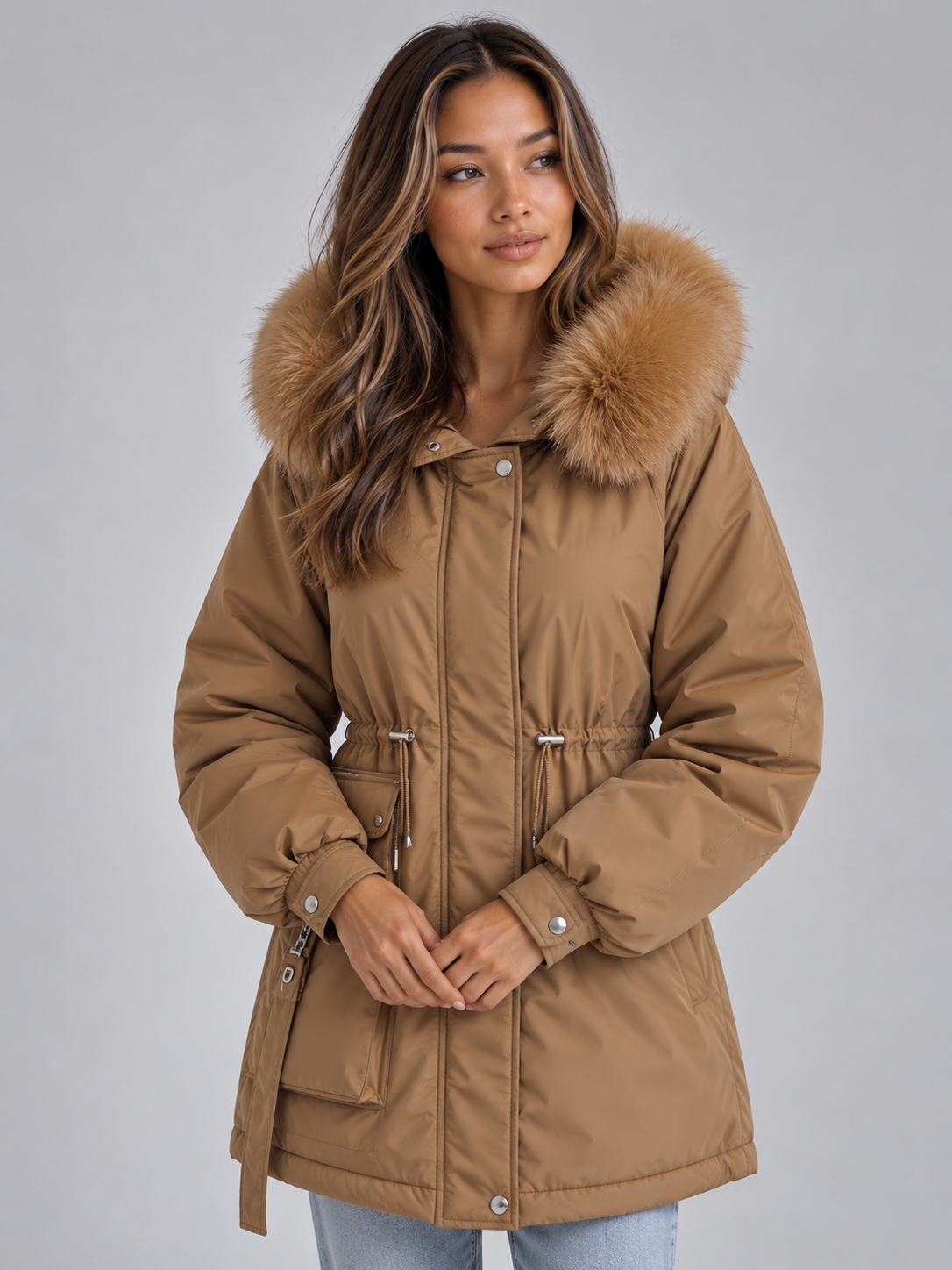 Astrid | Parka à capuche, cordon de serrage et col en fausse fourrure