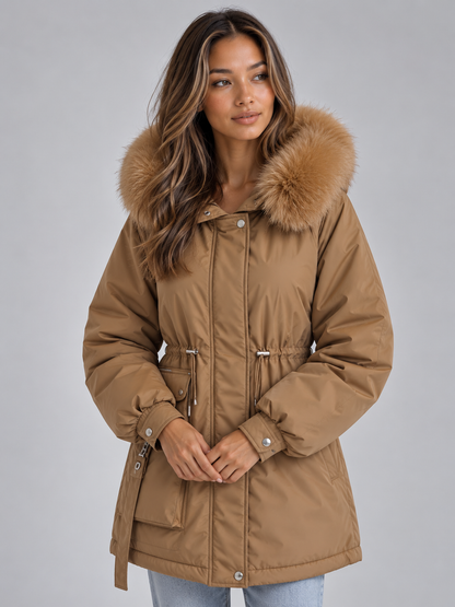 Astrid | Parka à capuche, cordon de serrage et col en fausse fourrure