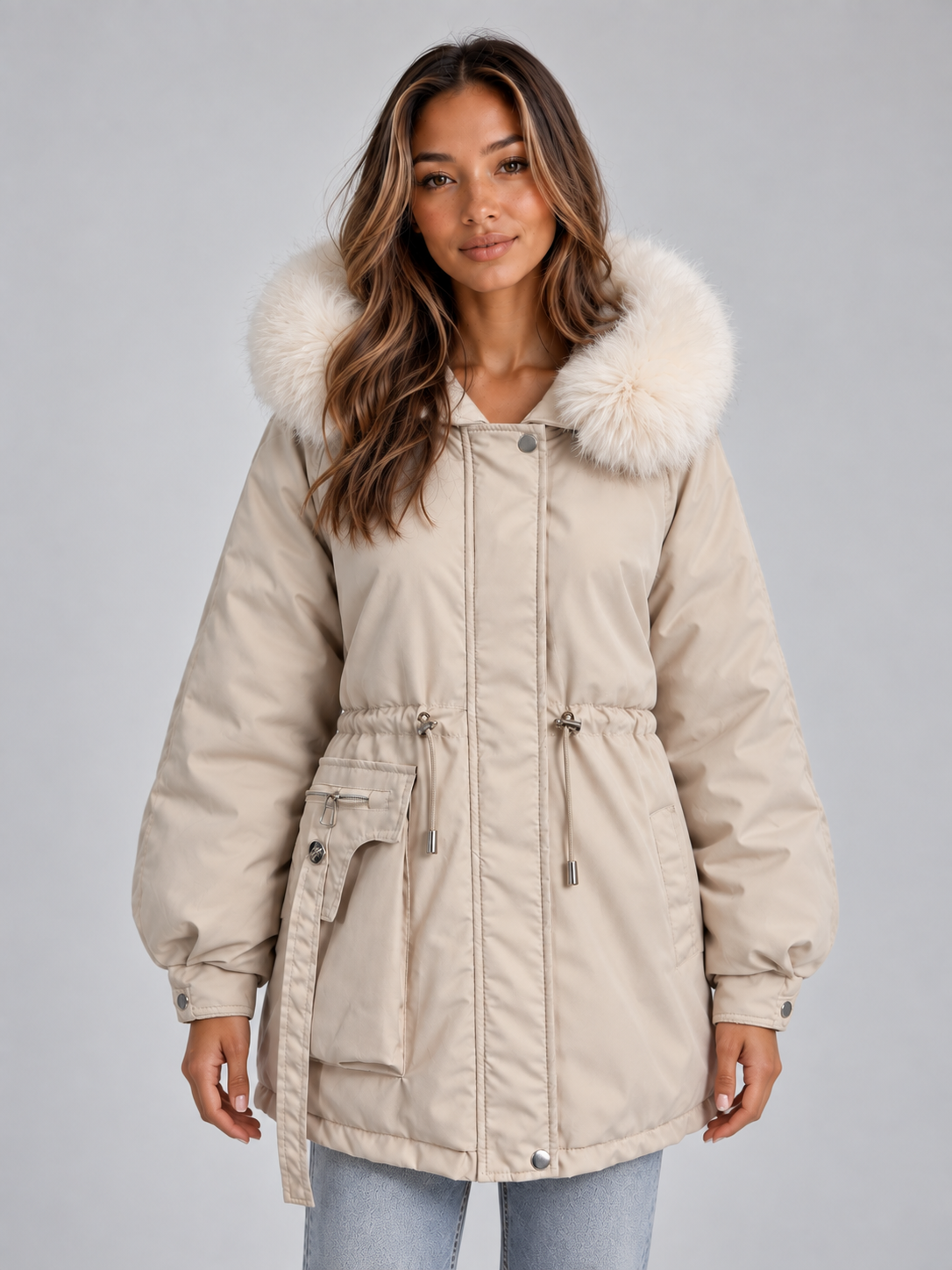 Astrid | Parka à capuche, cordon de serrage et col en fausse fourrure