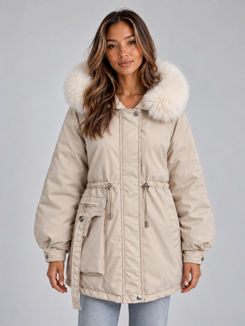 Astrid | Parka à capuche, cordon de serrage et col en fausse fourrure