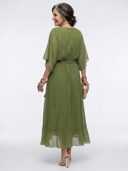 Bianca | V Neck Draped Waist Tie Midi Dress