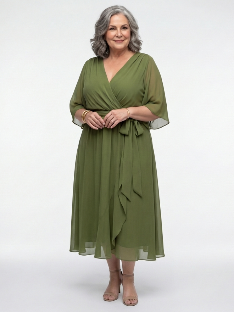 Bianca | V Neck Draped Waist Tie Midi Dress