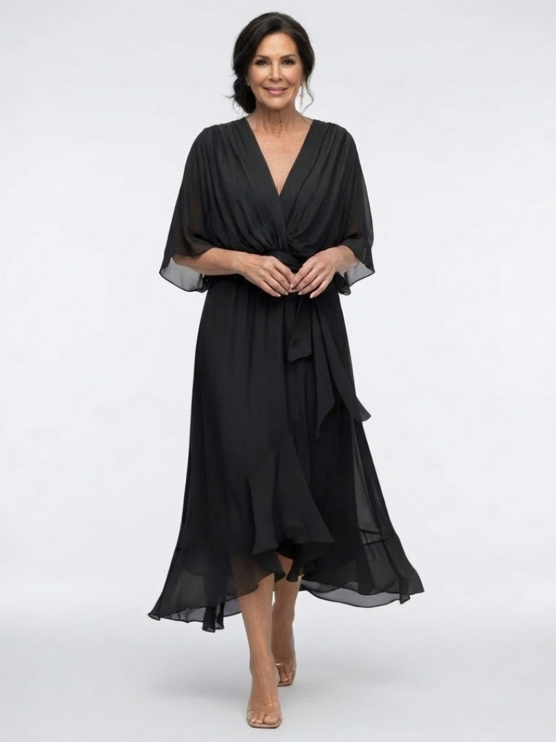 Bianca | V Neck Draped Waist Tie Midi Dress