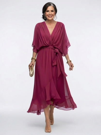 Bianca | V Neck Draped Waist Tie Midi Dress