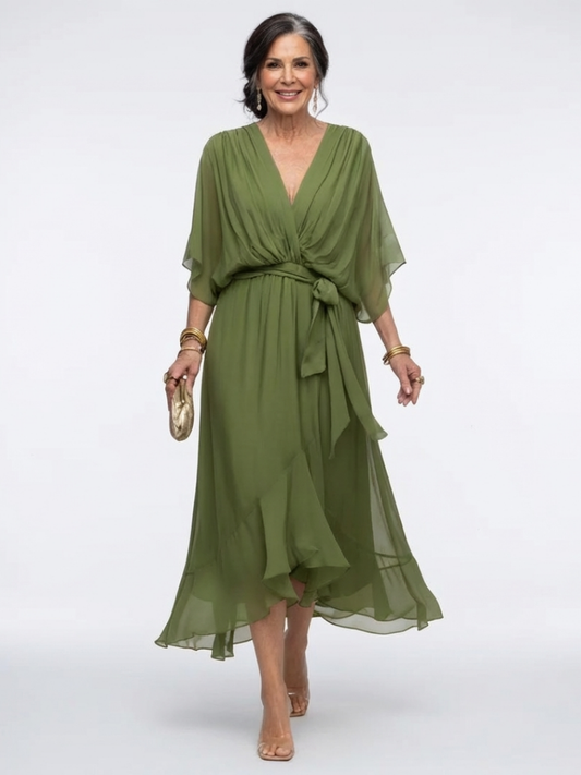 Bianca | V Neck Draped Waist Tie Midi Dress