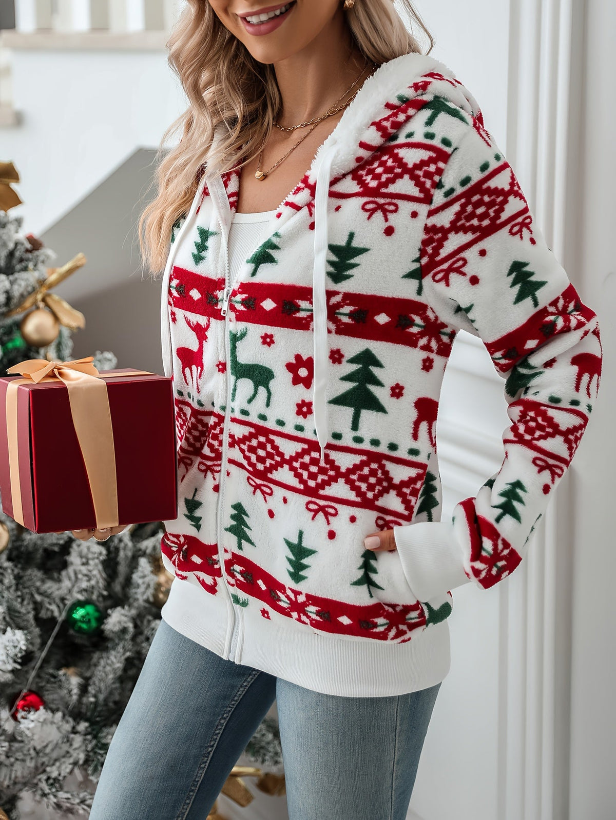 Bridget | Cárdigan navideño con capucha y cremallera