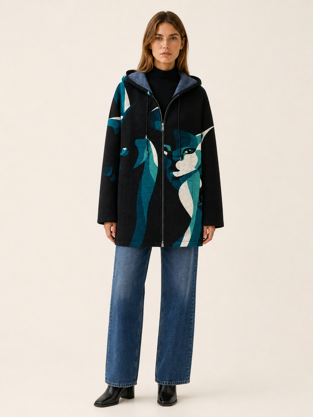 Brina | Printed Zip Hooded Longline Jacket