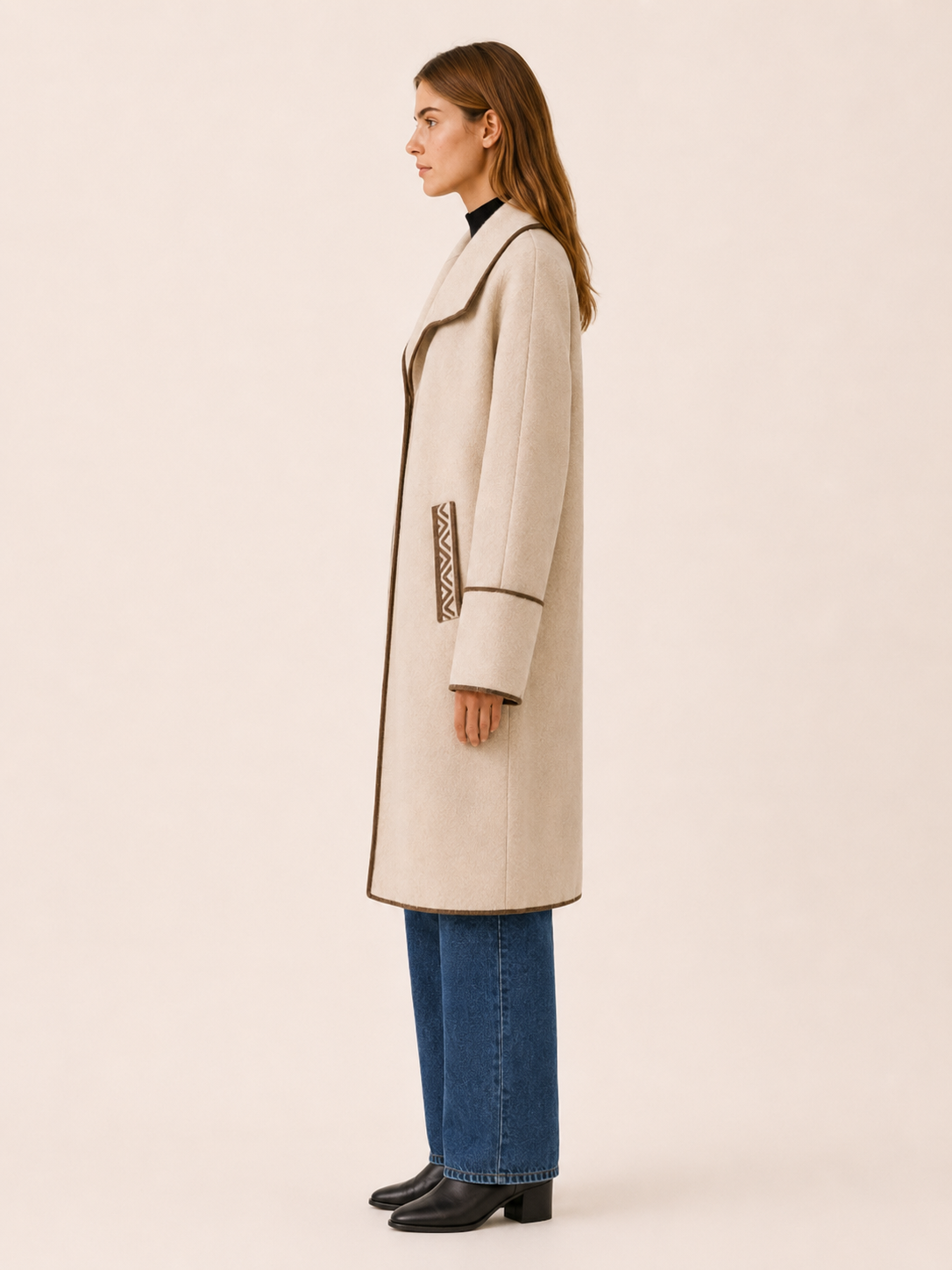 Camille | Contrast Trim Wide Collar Long Coat