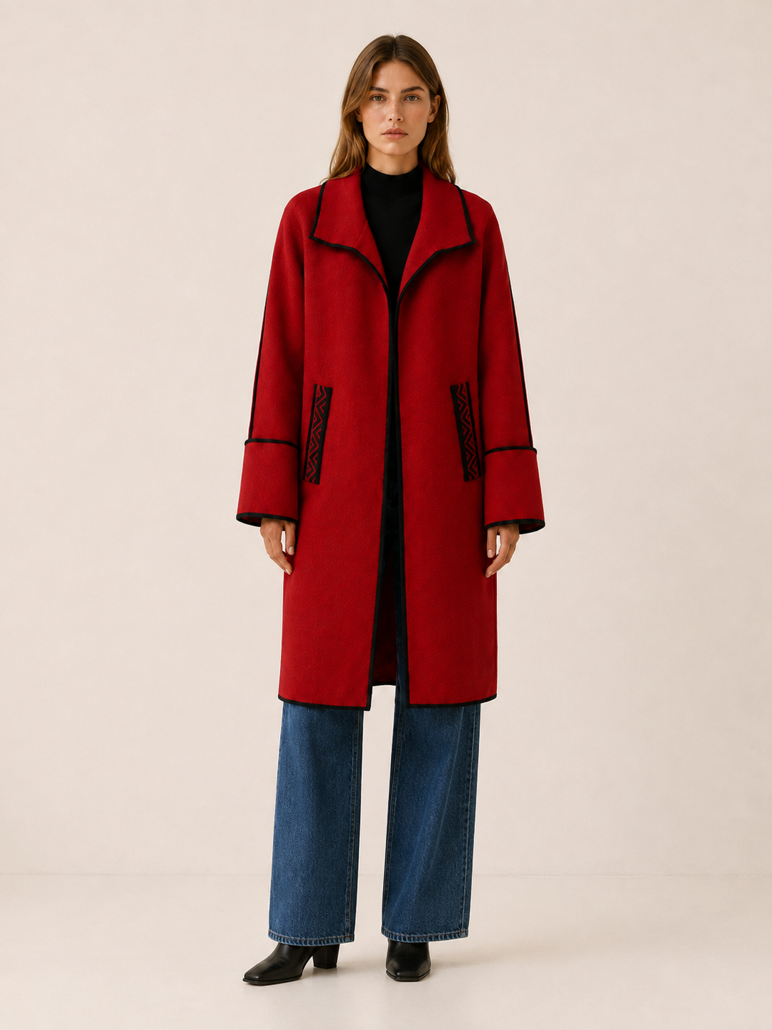 Camille | Contrast Trim Wide Collar Long Coat