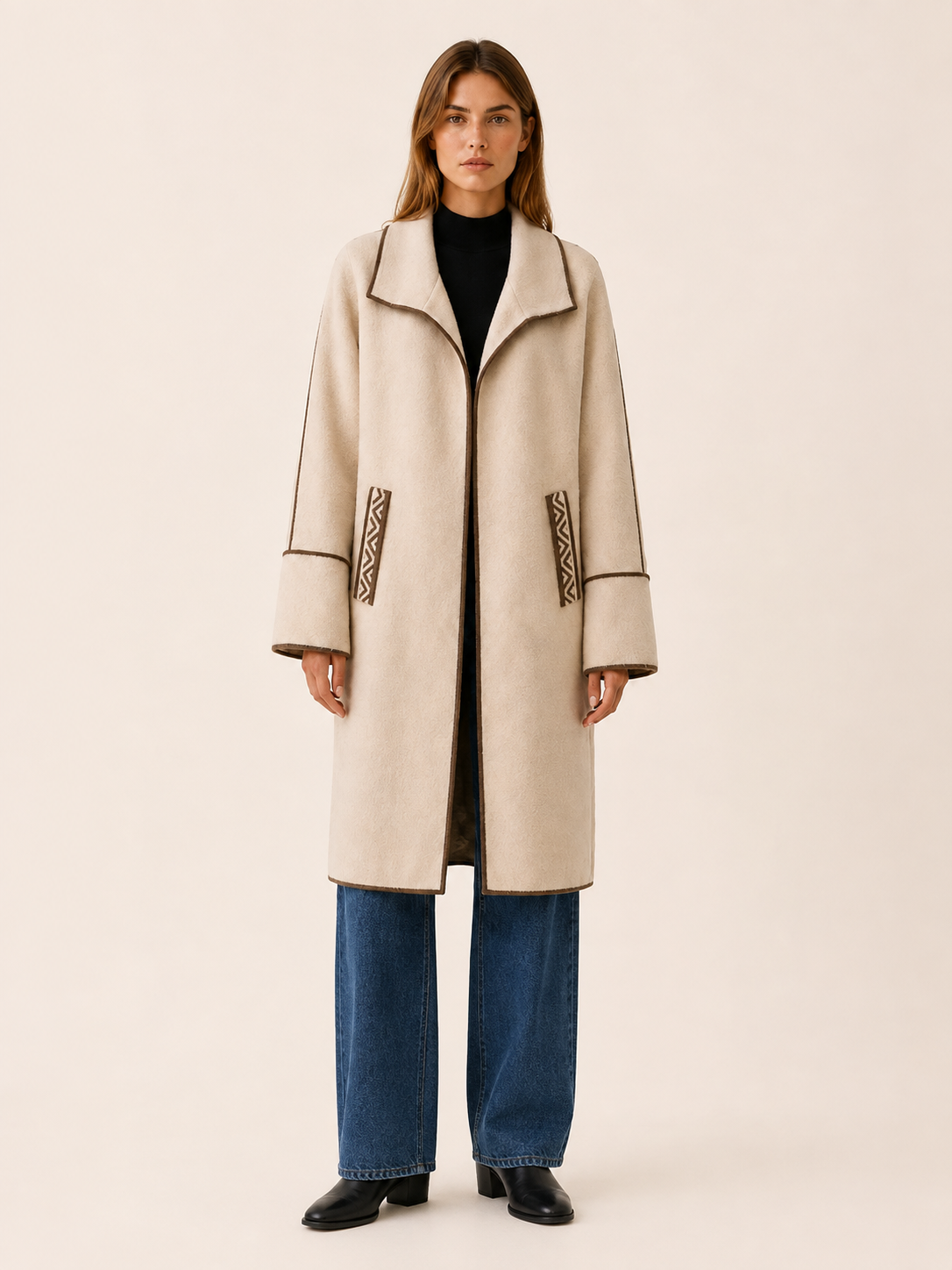 Camille | Contrast Trim Wide Collar Long Coat