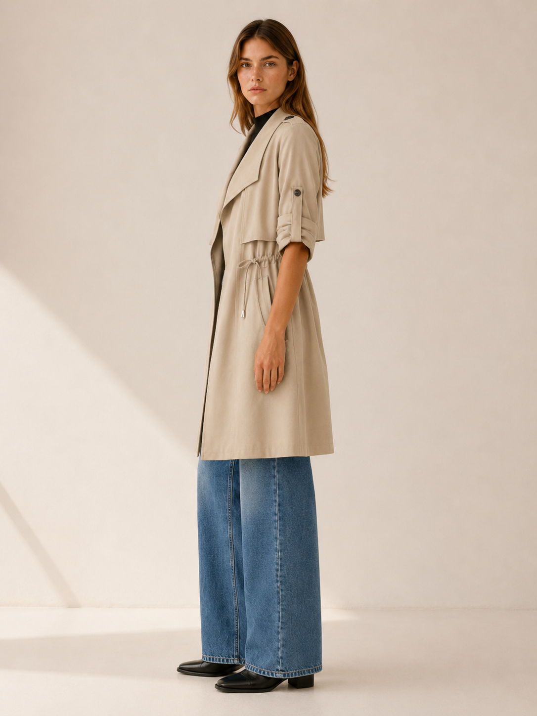 Juliette | Draped Lapel Open Front Long Trench Coat
