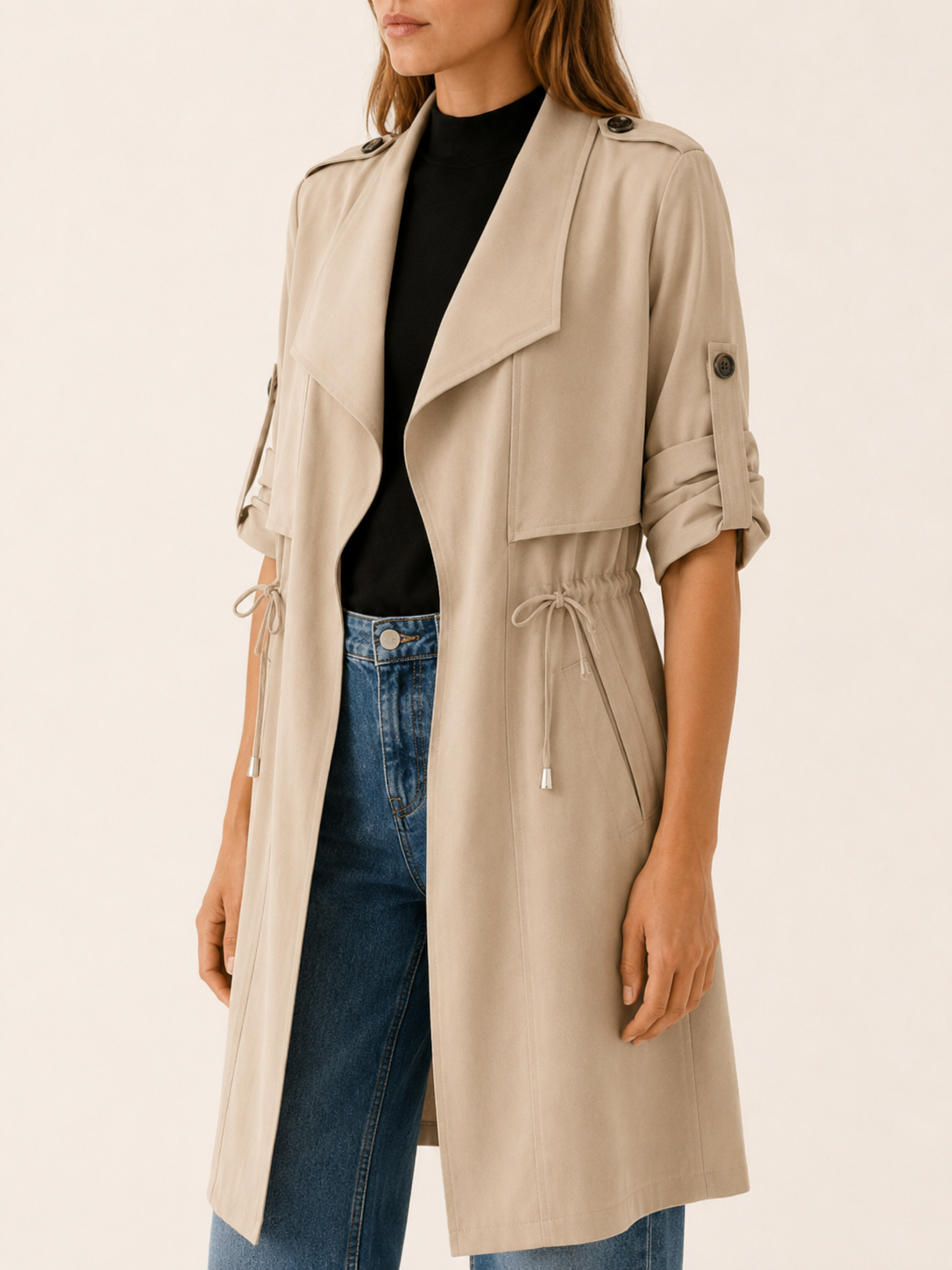 Juliette | Draped Lapel Open Front Long Trench Coat