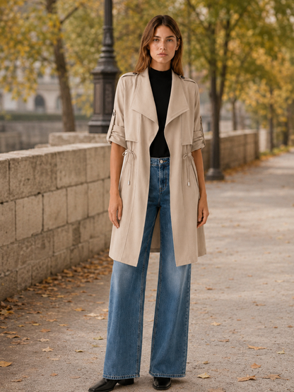 Juliette | Draped Lapel Open Front Long Trench Coat